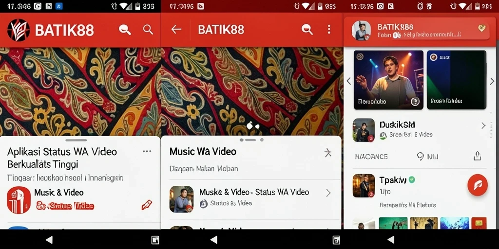 Antarmuka aplikasi BATIK88 dengan berbagai pilihan video status.