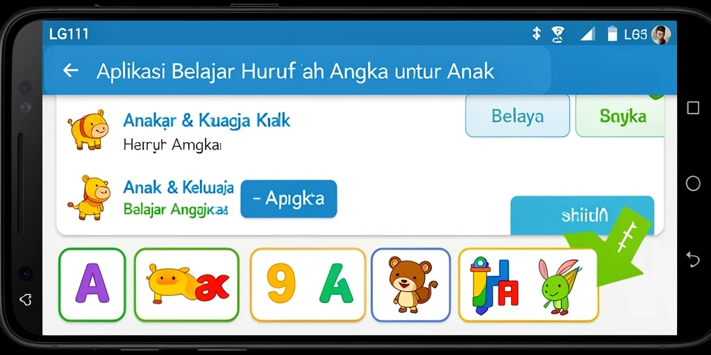 Tampilan antarmuka aplikasi LG111 yang interaktif untuk belajar huruf dan angka.