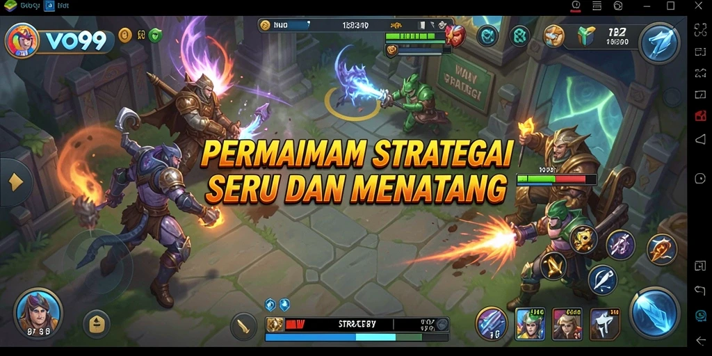 Screenshot OVO99 menampilkan strategi dan karakter yang beragam.