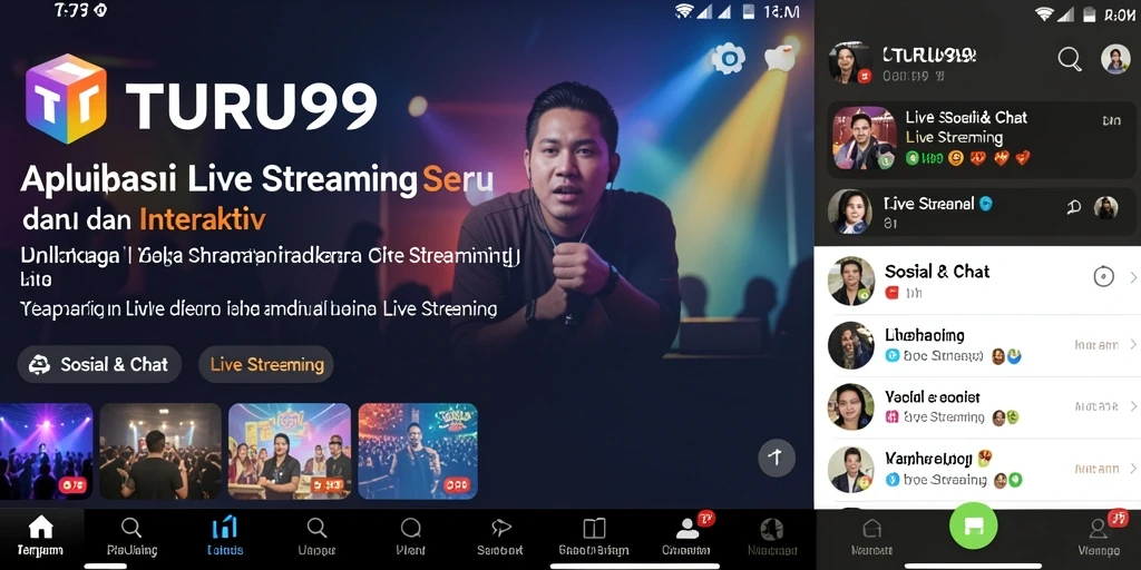 Tampilan antarmuka aplikasi TURU99 dengan fungsi Live Streaming yang interaktif.